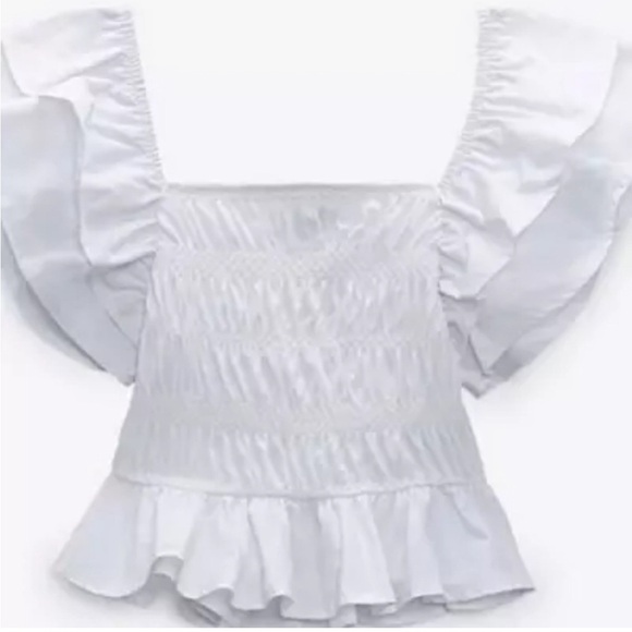 Zara White Puff Sleeve Smocked Cropped Top S - Picture 1 of 5